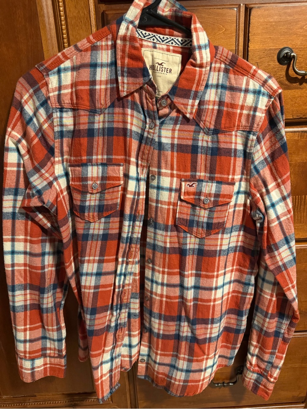 Hollister Orange and Blue Plaid Button-Up Shirt